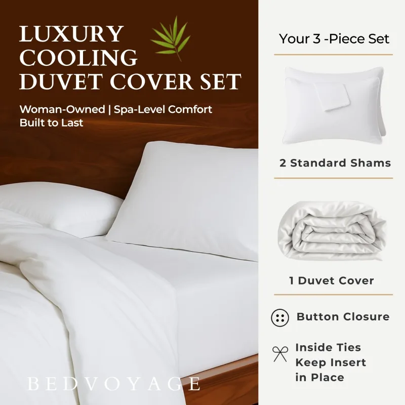 Cooling Bamboo Duvet Cover Set - 100% Viscose from Bamboo - 3pc - White