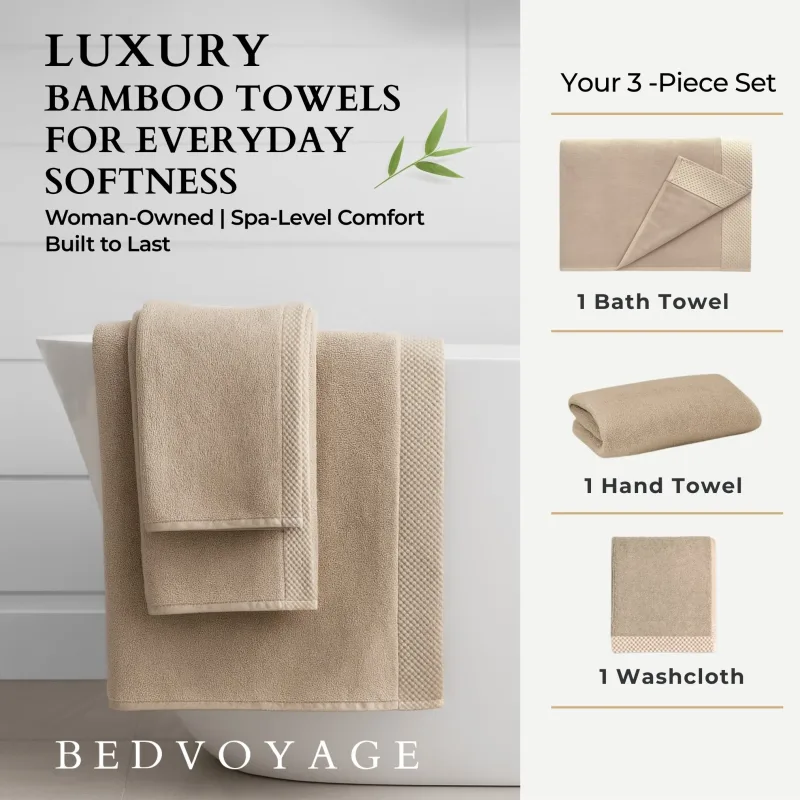 Plush Bamboo Towel Set - Viscose from Bamboo + Cotton - 3pc - Champagne
